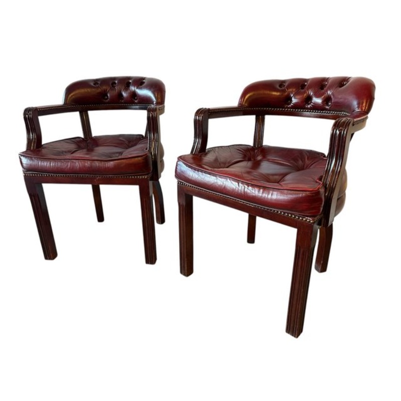 Vintage Burgundy Leather and Wood Office Chairs, Set of 2 for sale at Pamono