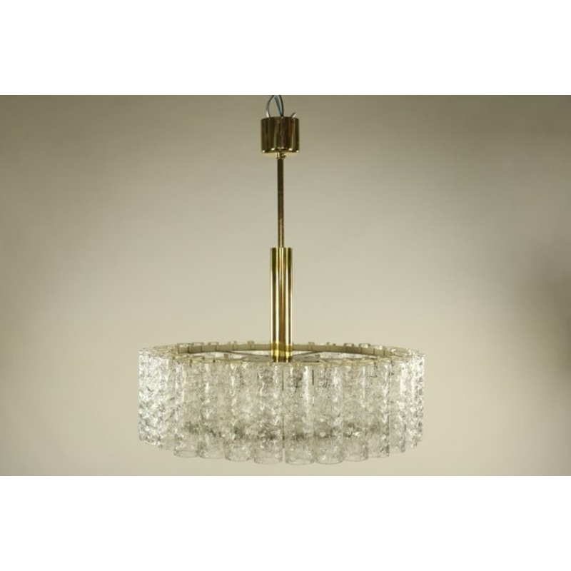 Vintage Glass Tube and Brass Drum Shape Chandelier from Doria Leuchten, 1960s for sale at Pamono
