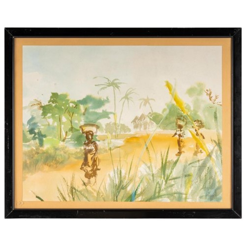 African Landscape Watercolor on Luez Paper for sale at Pamono