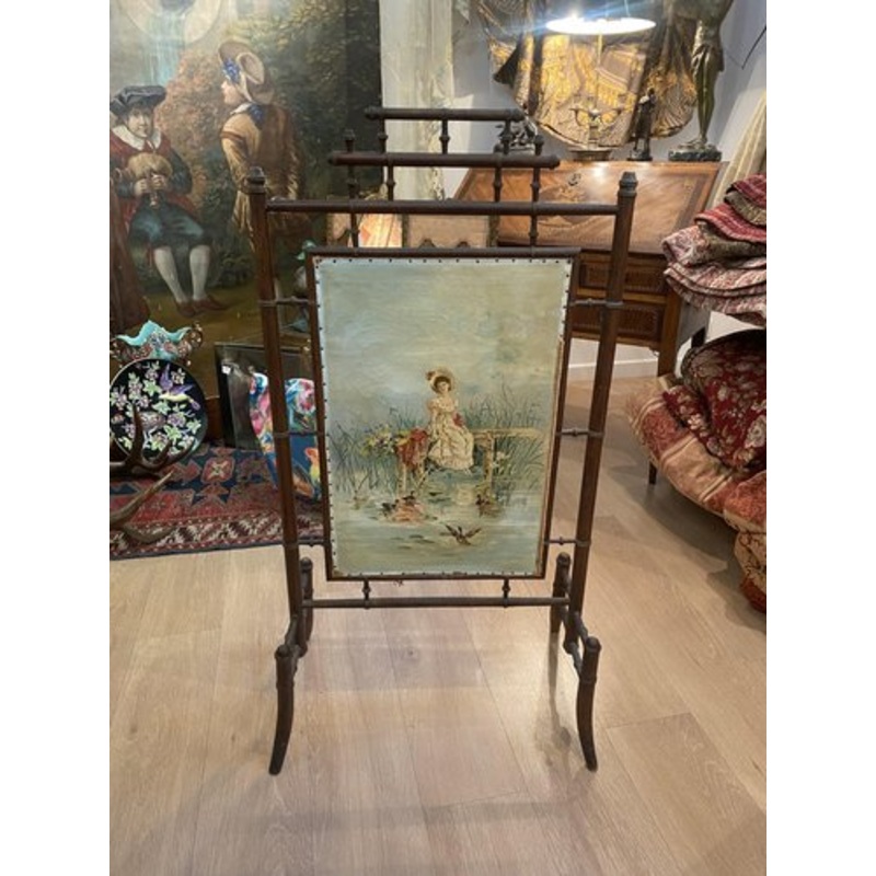 Bamboo and Painted Canvas Firewall, 1880s for sale at Pamono