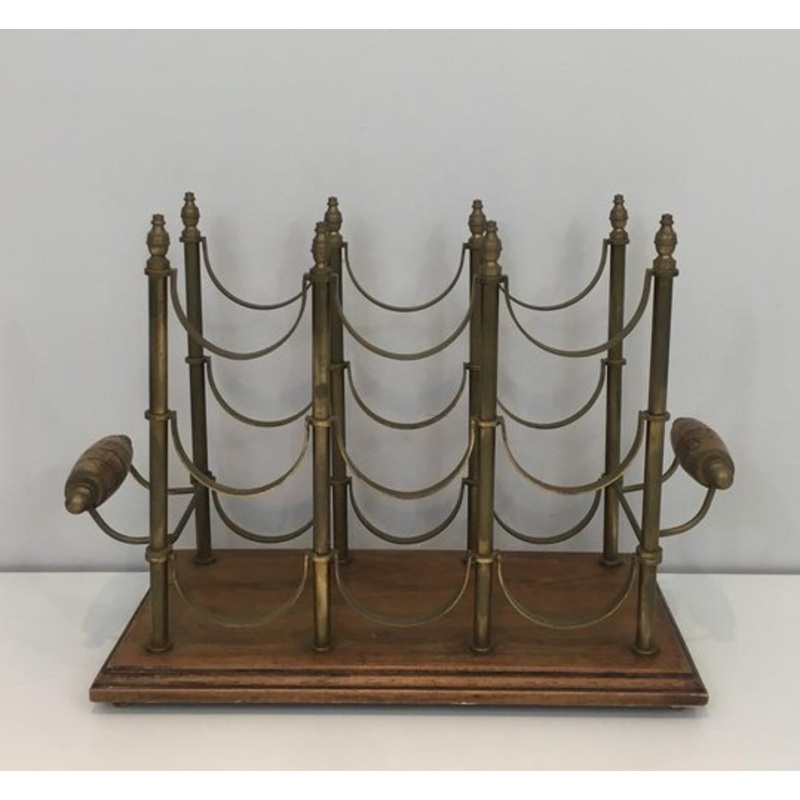 Brass and Wood Bottle Rack, 1960s for sale at Pamono
