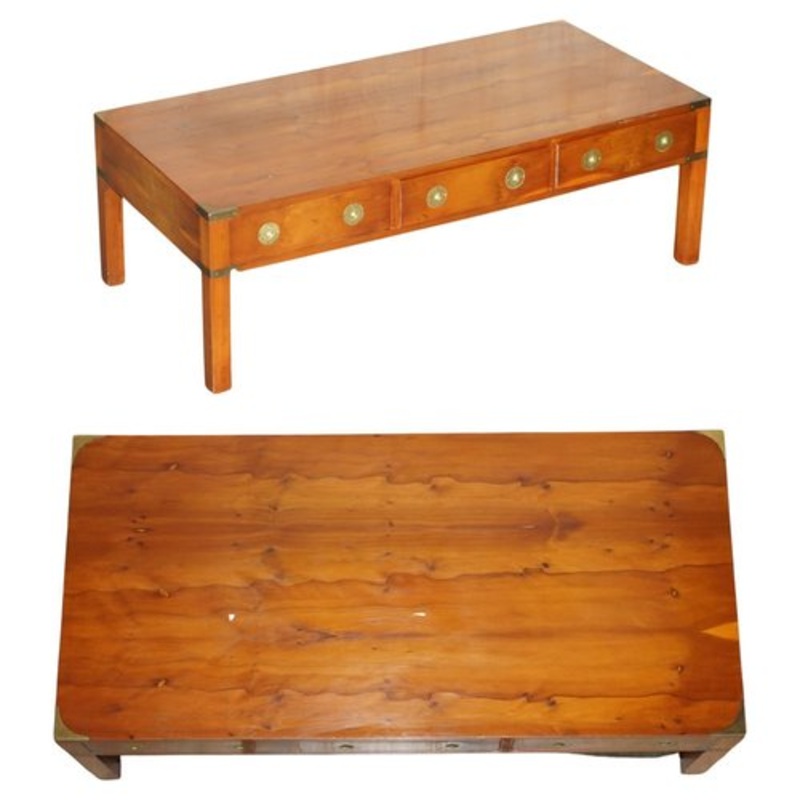 Burr, Yew Wood & Brass Military Campaign 3 Drawer Coffee Table from Bradley Furniture for sale at Pamono