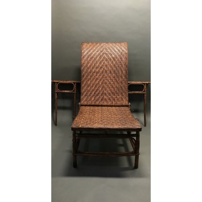 Curved Wood and Rattan Lounge Chair, 1940s for sale at Pamono
