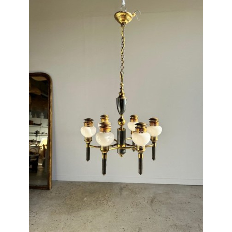 Empire Chandelier in White Opaline Glass, Gold and Black Metal with Six Arms of Light for sale at Pamono