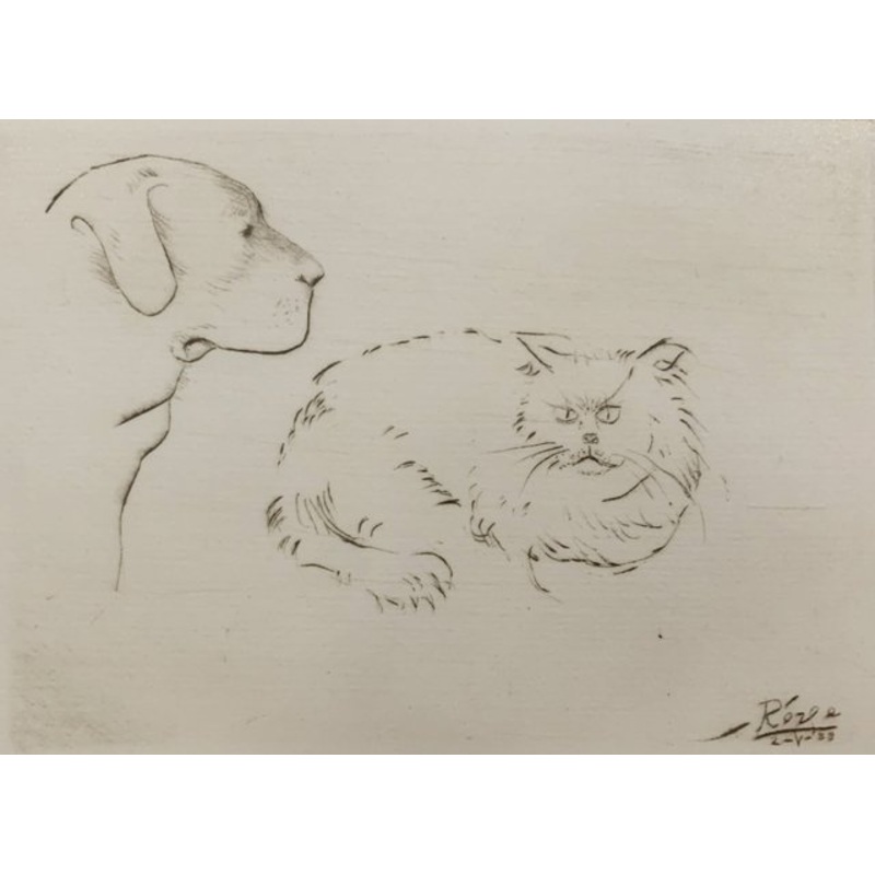 Leszek Rzga, Dog with a Cat, 1988, Drypoint on Paper for sale at Pamono