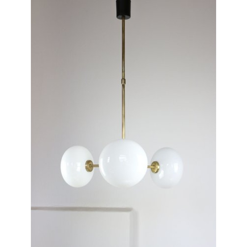 Mid-Century Brass Opaline Glass Chandelier for sale at Pamono