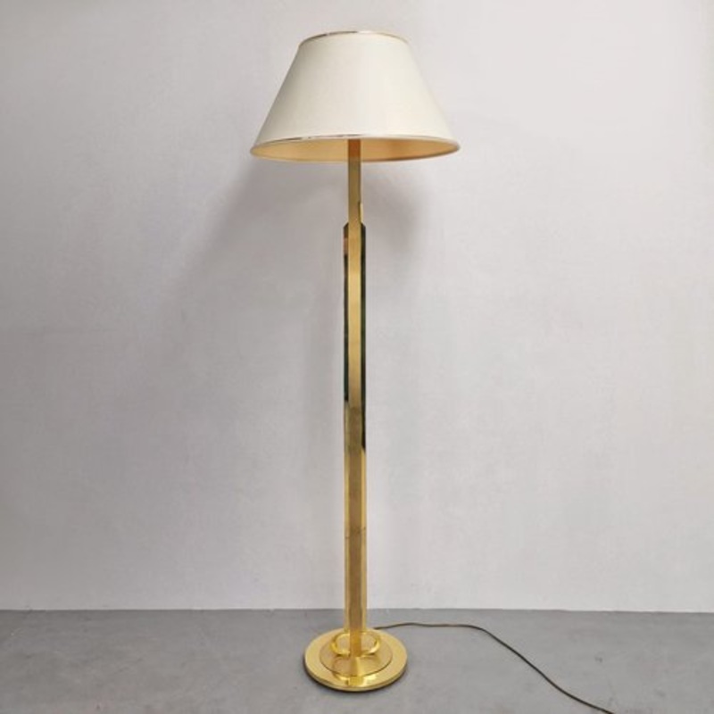Vintage Brass Lamp with Fabric Lampshade, 1970s for sale at Pamono