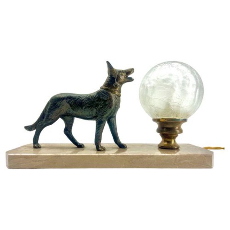 Art Deco French Table Lamp with Stylized Spelter Representation of Dog, 1935 for sale at Pamono