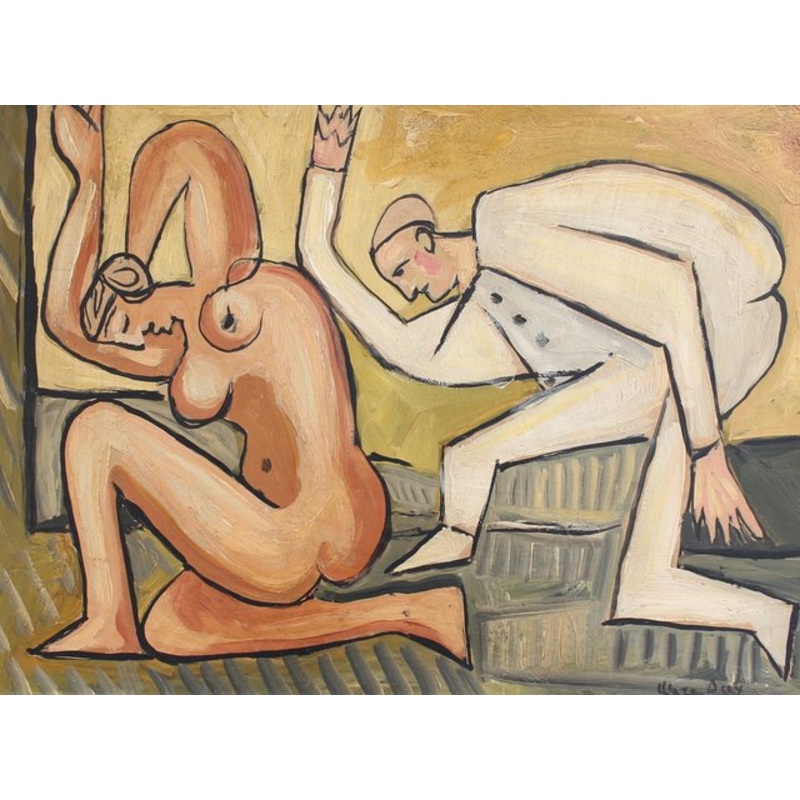 Berlin School Artist after Picasso, Kneeling Nude and Mysterious Figure, 1960s-70s, Oil on Board, Framed for sale at Pamono