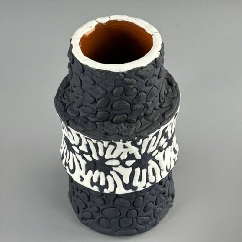 Black and White Kirly Ceramic Vase with Floral Design, 1960s for sale at Pamono