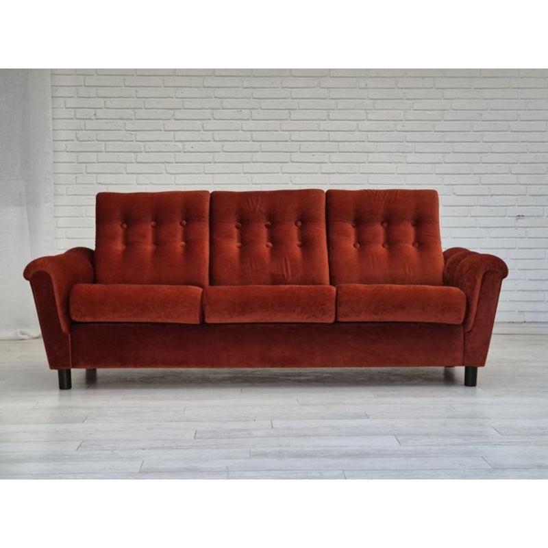 Danish 3 Seater Sofa in Brown-Red Velour, 1980s for sale at Pamono