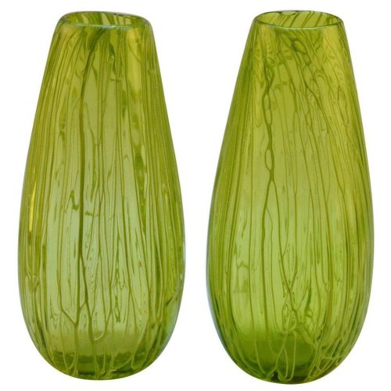 Hand Blown Glass Acid Green Veined Vases, Set of 2 for sale at Pamono