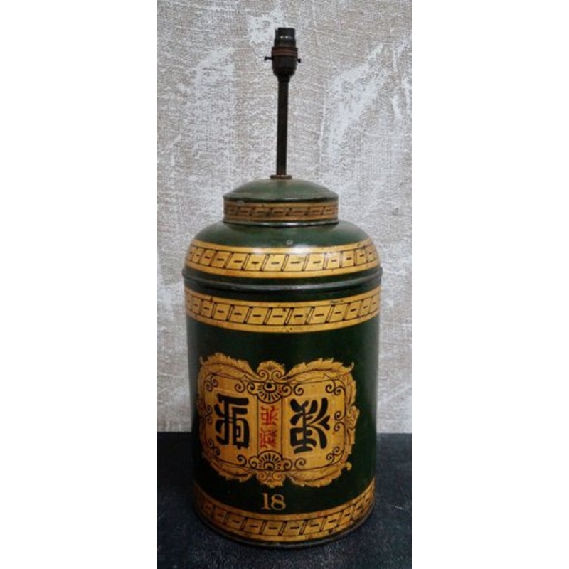 Large Antique Tea Tin Table Lamp for sale at Pamono