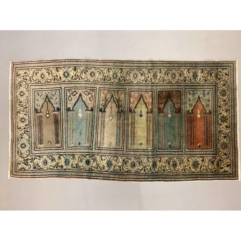 Turkish Blue and Beige Distressed Wool Runner Rug, 1970s for sale at Pamono