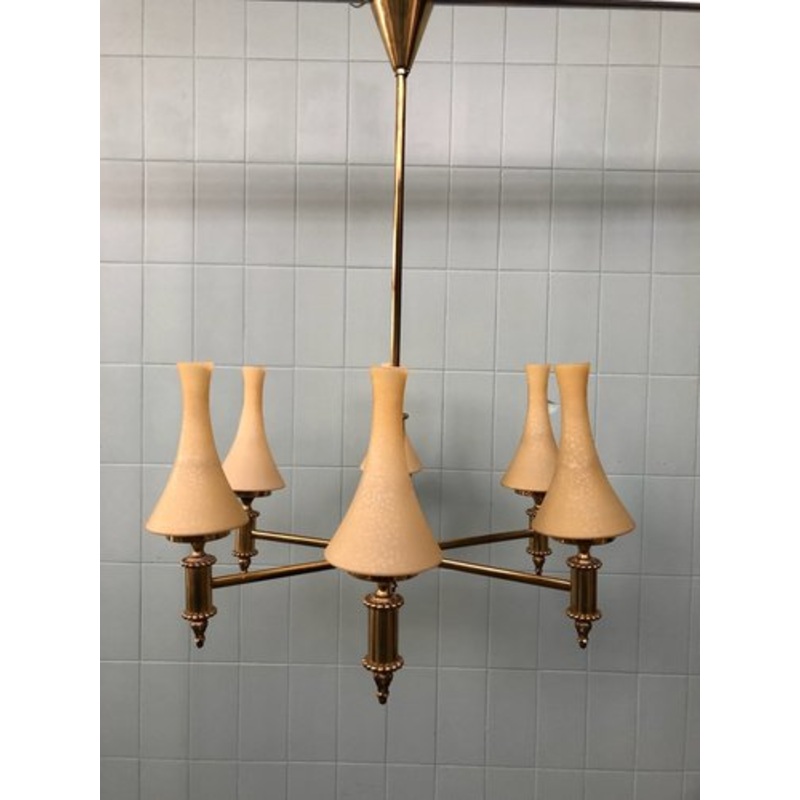 Vintage Chandelier in Brass and Chained Glass Lampshade, 1950s for sale at Pamono
