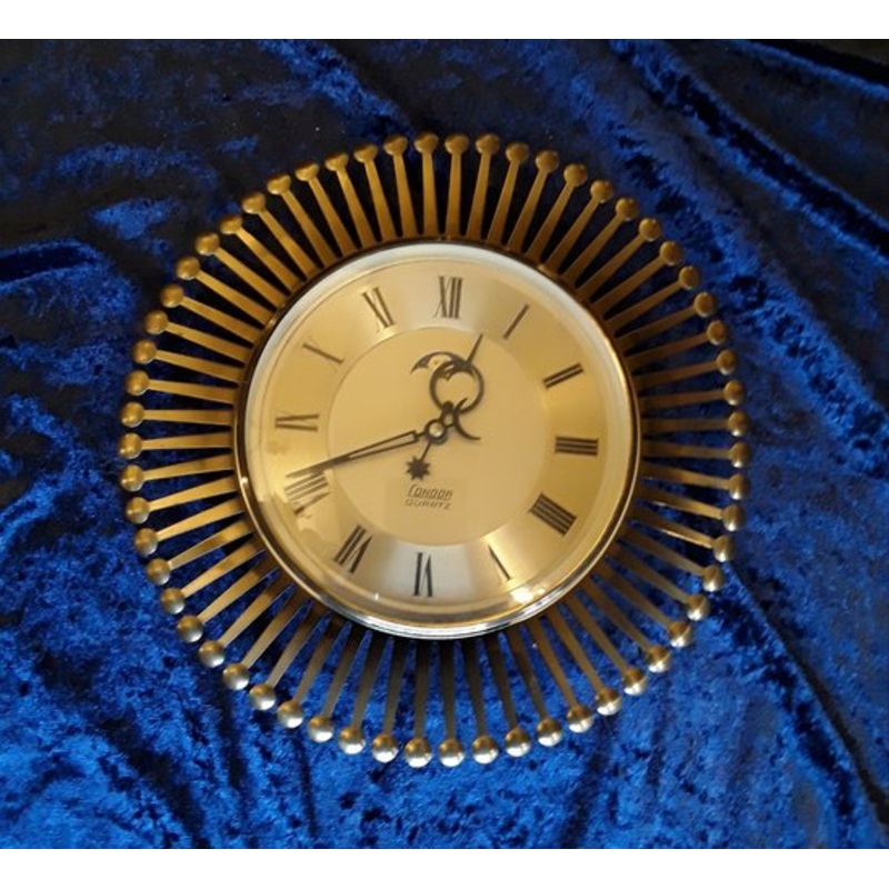 Vintage German Wall Clock in Sunburst Design with Brass Housing from Condor, 1970s for sale at Pamono