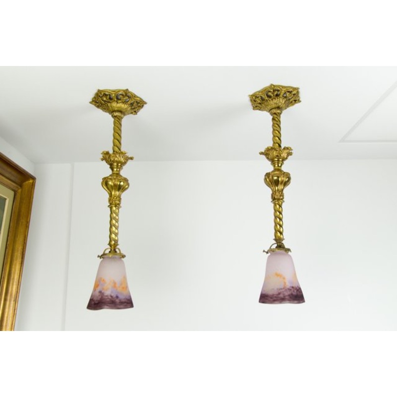 Art Glass and Gilt Bronze Pendant Lamps from Muller Strasbourg, 1920s, Set of 2 for sale at Pamono