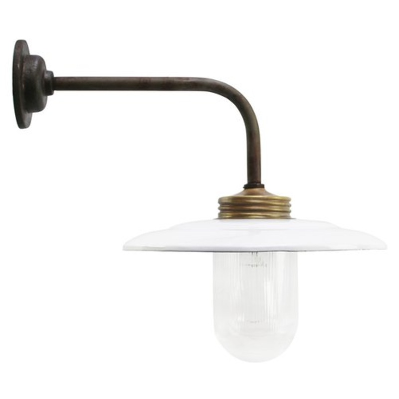 Vintage Industrial Brass and Glass Wall Light in White Enamel for sale at Pamono
