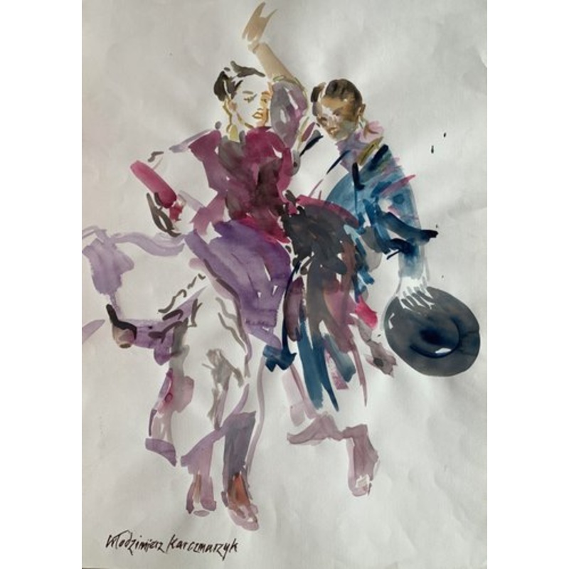 Wodzimierz Karczmarzyk, Baghdad, Pair of Dancers, 1973, Watercolor on Paper for sale at Pamono