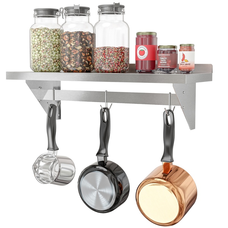 12″ x 36″ 18-Gauge Stainless-Steel Heavy Duty Wall Shelf with Pot Rack, WMPS-1236.