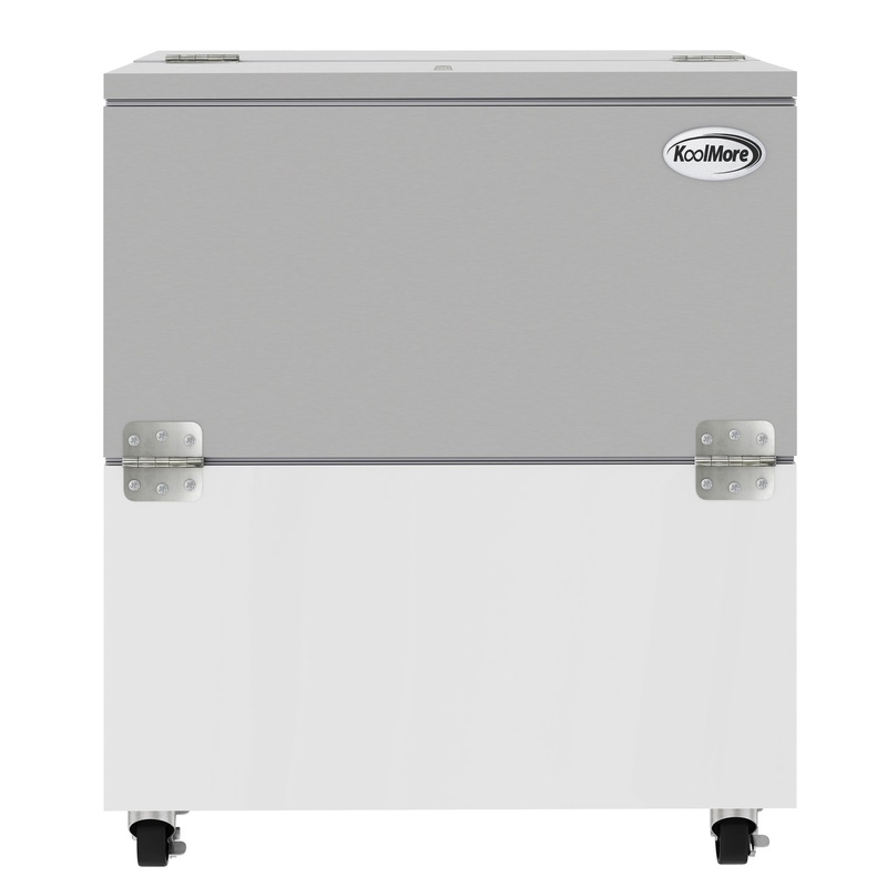 34 in. Commercial Milk Cooler for School and Cafeteria, 8 Crate Capacity with Heavy Duty Casters in Stainless Steel and White (KM-MC34-HDC)