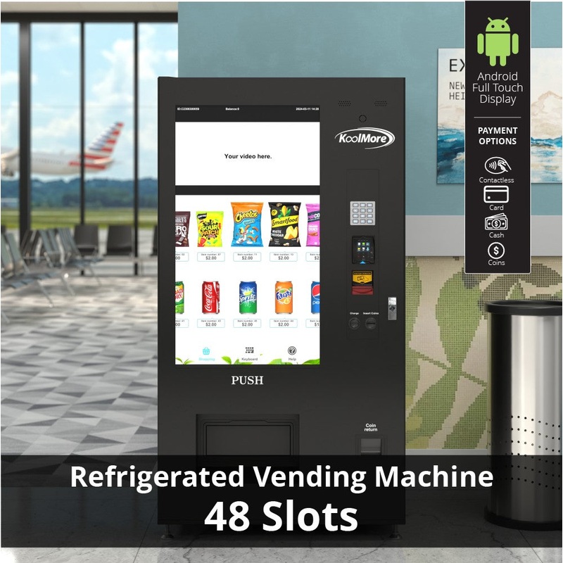 41 in. Refrigerated Snack Vending Machine with 48 Slots and Ample 49 in. Touch Display, Bill and Coin Acceptor, Credit Card Reader, Wifi, and 4G Connectivity in Black (KM-VMRWT-48BCR)