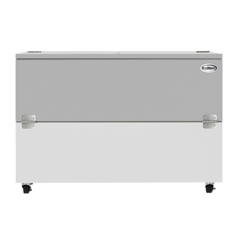 58 in. Commercial Milk Cooler for School and Cafeteria, 16 Crate Capacity with Heavy Duty Casters in Stainless Steel and White (KM-MC58-HDC)
