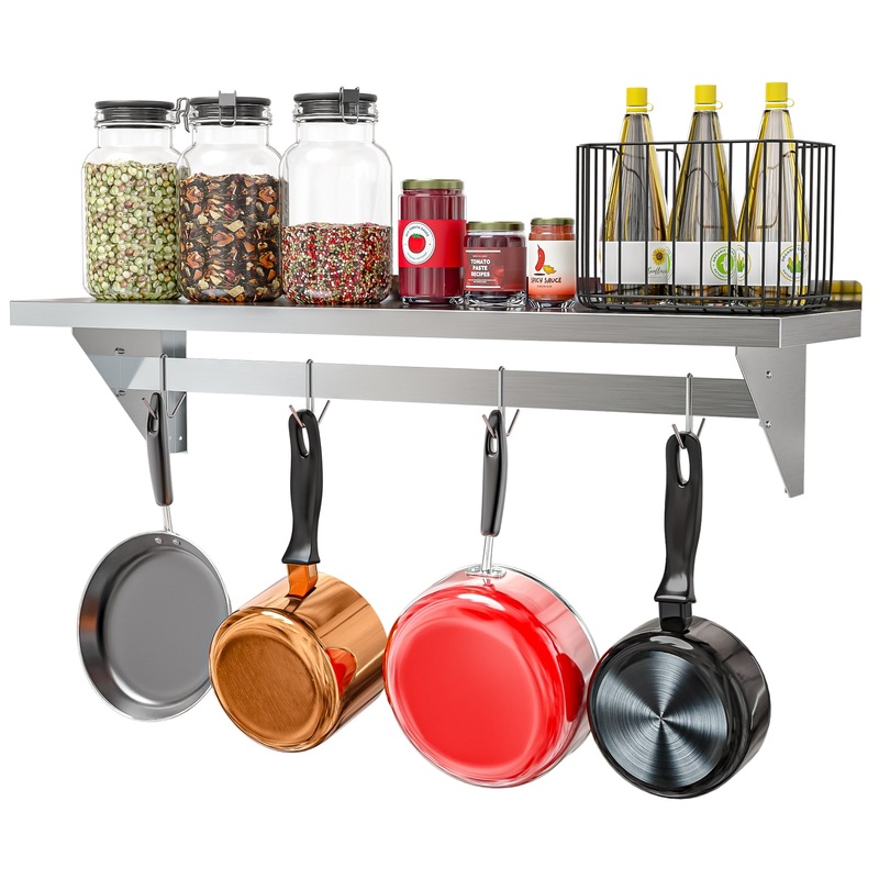 12″ x 48″ 18-Gauge Stainless-Steel Heavy Duty Wall Shelf with Pot Rack, WMPS-1248 .