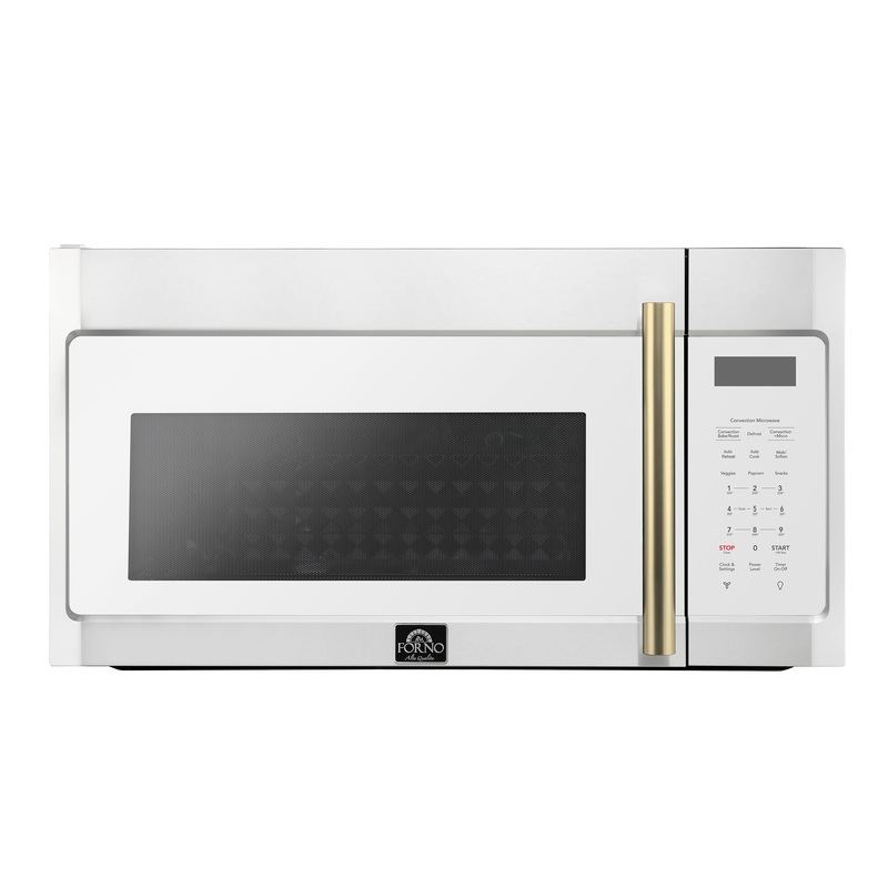 Forno Fornace 30-Inch Over-the-Range Convection Microwave in White with Antique Brass Handle  1.5 cu.ft, 300 CFM Vent, Touch Control, LED Light (FOTR3038-30WHT)