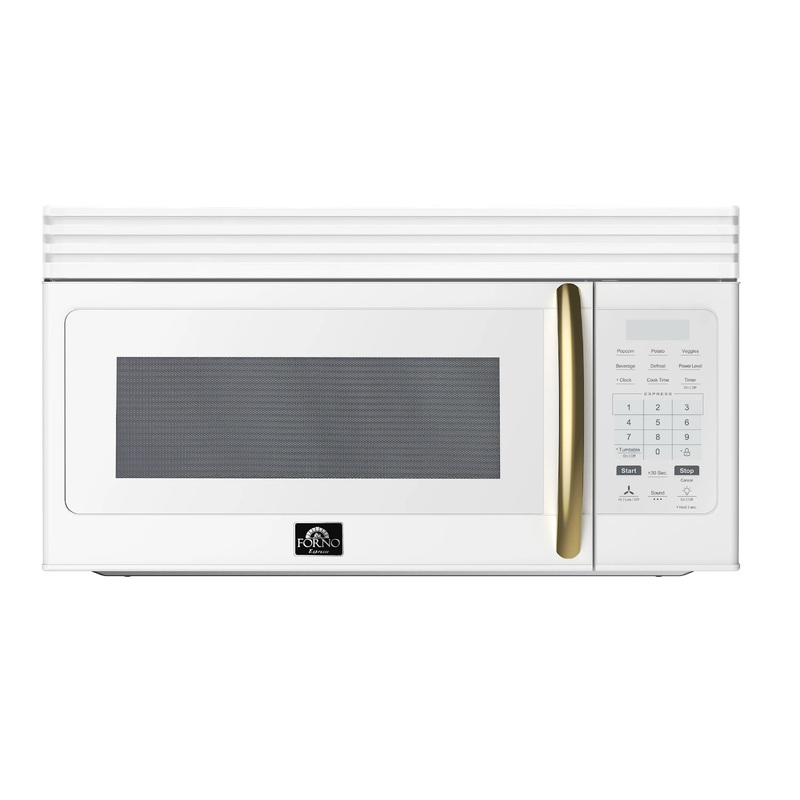 Forno Scalo 30-Inch Over the Range Microwave in White with Antique Brass Handle  1.6 cu.ft, 300 CFM Vent, Touch Control, LED Light (FOTR3007-30WHT)