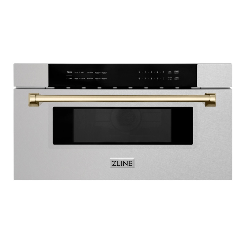 ZLINE Autograph Edition 30-Inch 1.2 cu. ft. Built-In Microwave Drawer in Fingerprint Resistant Satin Stainless Steel with Gold Accents (MWDZ-30-SS-G)