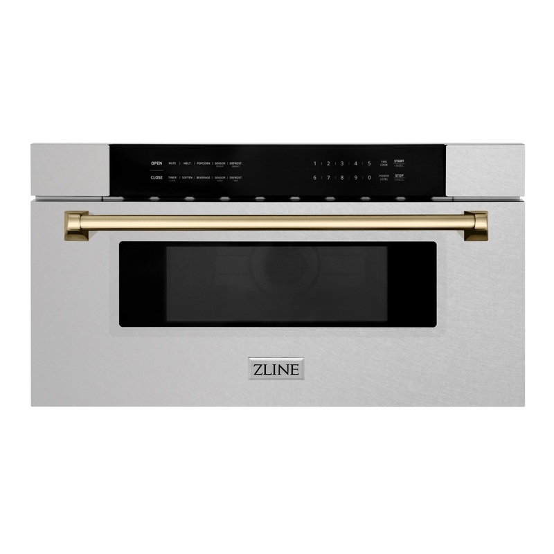 ZLINE Autograph Edition 30-Inch 1.2 cu. ft. Built-In Microwave Drawer in Fingerprint Resistant Satin Stainless Steel with Champagne Bronze Accents (MWDZ-30-SS-CB)
