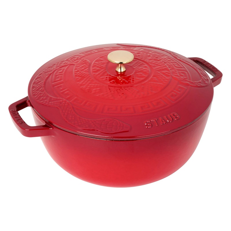 Staub Enameled Cast Iron 5 Qt Essential French Oven with Snake Lid in Cherry Red